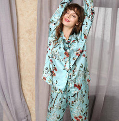 Best Mulberry 2-Piece Silk Pyjamas Set Flower Print Long Sleeves Silk Nightwear