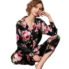 Best Mulberry 2-Piece Silk Pyjamas Set Flower Print Long Sleeves Silk Nightwear