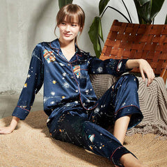 Womens 100% Silk Pajamas Set  Galaxy Print silk Sleepwear