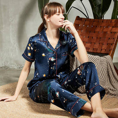 Womens 100% Silk Pajamas Set  Galaxy Print silk Sleepwear