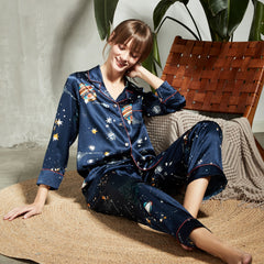 Womens 100% Silk Pajamas Set  Galaxy Print silk Sleepwear