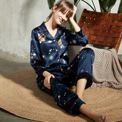 Womens 100% Silk Pajamas Set  Galaxy Print silk Sleepwear