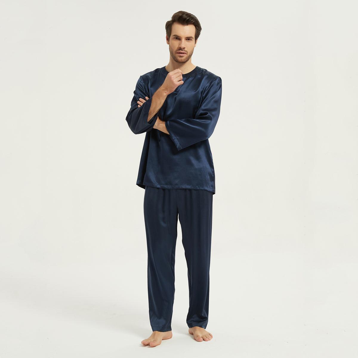 22MM Round Neck Pullover Silk Pyjamas Set For Men 100% Pure 2-piece Silk Sleepwear - avasilk