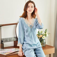 Mulberry Silk Long Sleeves Pyjamas Set 22 MM Tow Piece Silk Sleepwear - avasilk