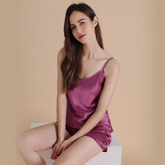 Classic V Neck 100% Pure Silk Cami Set Sexy Camisole Set Silk Sleepwear - avasilk