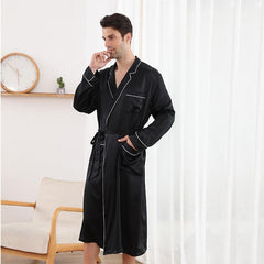 100% Mulberry Silk Robe For Mens Classic Long Sleeves Silk Bathrobe Sleepwear With White Piping - avasilk