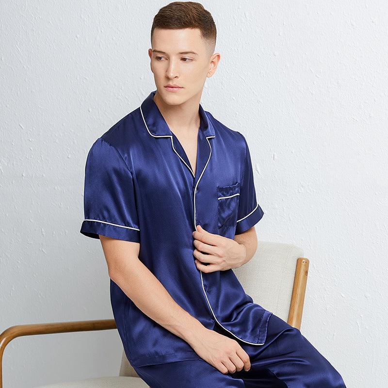 Classic Short Sleeves Silk Pajamas Set for Men 100% Mulberry Silk Nightwear Sleepwear - avasilk