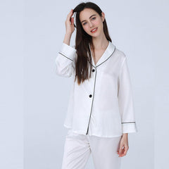 ELegant Ladies Silk Pajamas Set 100% Mulberry Silk Sleepwear Long NightWear Suit - avasilk