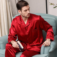 Luxury Classic Men‘s Silk Pajamas Set 100% Mulberry Silk Long Sleeves Solid Nightwear Sleepwear - avasilk