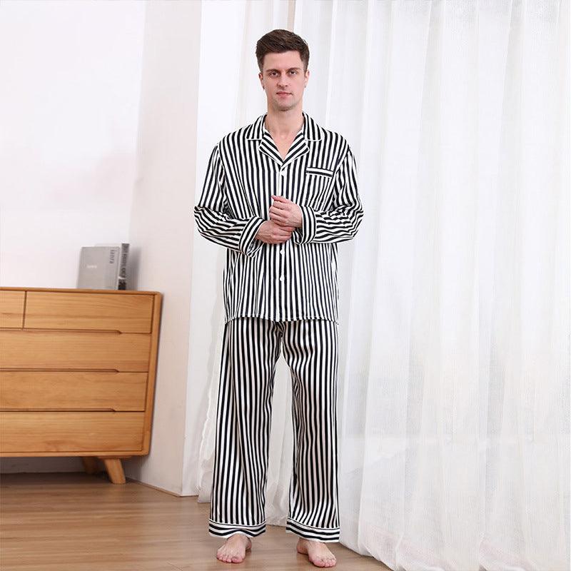 Classic Black And White Stripes Silk Pajamas Set For Men Long Sleeves 100% Mulberry Silk Nightwear Sleepwear - avasilk