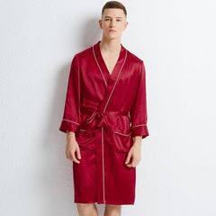 Luxury Comfortable 100% Mulberry Silk Robe For Mens Long Sleeves Silk Bathrobe Sleepwear - avasilk