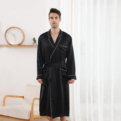 100% Mulberry Silk Robe For Mens Classic Long Sleeves Silk Bathrobe Sleepwear With White Piping - avasilk