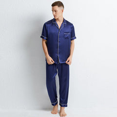 Classic Short Sleeves Silk Pajamas Set for Men 100% Mulberry Silk Nightwear Sleepwear - avasilk