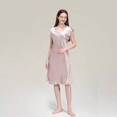 Elegant Women Silk Nightgown 100% Silk Short Sleeves Sleep Dress Sleepwear - avasilk