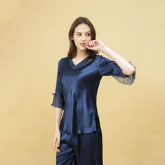 Spring new Silk Pajamas Set 22 Momme Silk Sleepwear Pullover & Long pants Set - avasilk