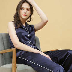 Womens Sleeveless 100% Silk Pajamas Set 22 Momme Silk Sleepwear - avasilk