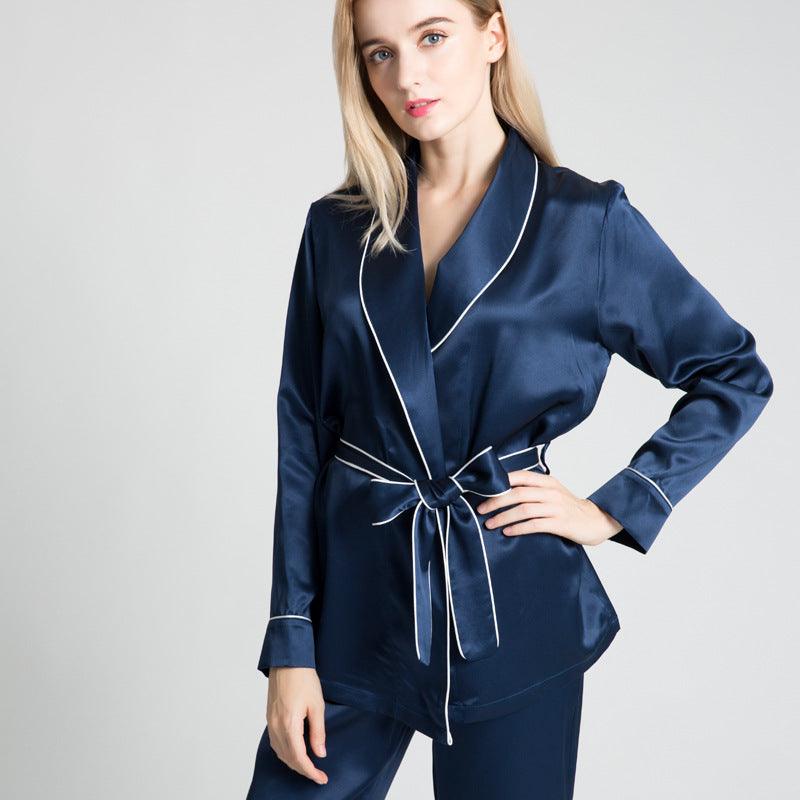 22MM Classic Silk Robe And Pyjamas Set Long Sleeves Pure Mulberry Silk Sleepwear For Women - avasilk