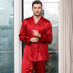 Luxury Classic Men‘s Silk Pajamas Set 100% Mulberry Silk Long Sleeves Solid Nightwear Sleepwear - avasilk