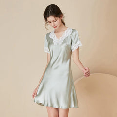 Luxury Lace Womens Silk Nightgown 100% Mulberry Silk With White lace Short Sleeves Night Dress Sleepwear - avasilk