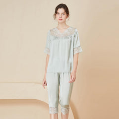Ladies Elegant Silk Pajamas Set Sexy Lace Short Sleeves Silk Sleepwear - avasilk