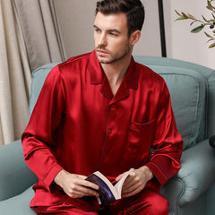 Luxury Classic Men‘s Silk Pajamas Set 100% Mulberry Silk Long Sleeves Solid Nightwear Sleepwear - avasilk