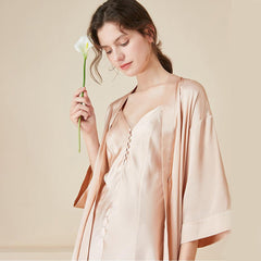 Elegant Ladies Silk Nightgown & Robe Set Sexy Silk Sleepwear Bathrobe With A Silk Slip dress braces skirt - avasilk