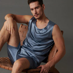 22 Momme Haze Blue Silk Tank & Shorts Set For Men 100% Pure Silk Sleepwear For Summer - avasilk