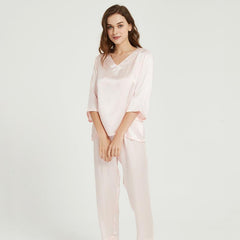 Fashion Simplicity 100% Silk Short Sleeves Pajamas Set 22 Momme Silk Sleepwear Pullover & Long pants - avasilk