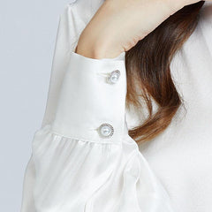 22Momme Elegant Womens Silk Blouse Crystal Buckle Silk Shirts Long Sleeves V-Neck Silk Top - avasilk