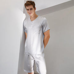 Mens Solid Classic Short Silk Pajamas Set 100% Mulberry Silk 2-piece Silk Sleepwear - avasilk