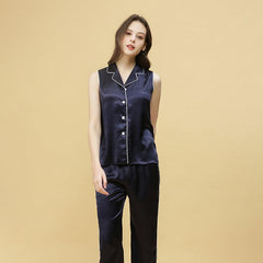 Womens Sleeveless 100% Silk Pajamas Set 22 Momme Silk Sleepwear - avasilk