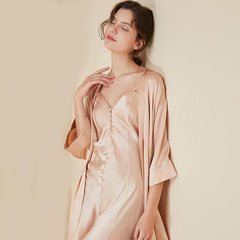 Elegant Ladies Silk Nightgown & Robe Set Sexy Silk Sleepwear Bathrobe With A Silk Slip dress braces skirt - avasilk