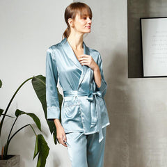 Best Mulberry Silk 2-Piece Pajamas Set Long Sleeves Silk Nightwear With A Belt - avasilk