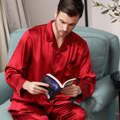 Luxury Classic Men‘s Silk Pajamas Set 100% Mulberry Silk Long Sleeves Solid Nightwear Sleepwear - avasilk