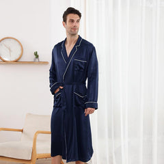 100% Mulberry Silk Robe For Mens Classic Long Sleeves Silk Bathrobe Sleepwear With White Piping - avasilk