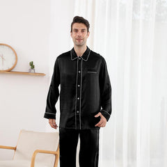 Mens Luxury Silk Pajamas Set Long Sleeves With White Piping Silk Nightwear Sleepwear - avasilk
