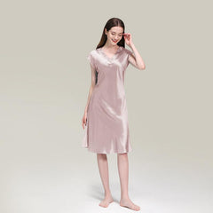 Elegant Women Silk Nightgown 100% Silk Short Sleeves Sleep Dress Sleepwear - avasilk