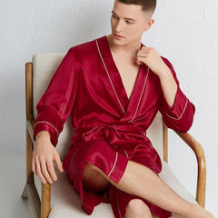 Luxury Comfortable 100% Mulberry Silk Robe For Mens Long Sleeves Silk Bathrobe Sleepwear - avasilk