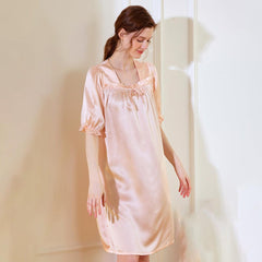 Womens Short Sleeves Silk Nightgown 19Momme Elegant Pleated edge Silk Sleepwear - avasilk