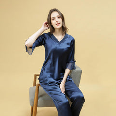 Spring new Silk Pajamas Set 22 Momme Silk Sleepwear Pullover & Long pants Set - avasilk