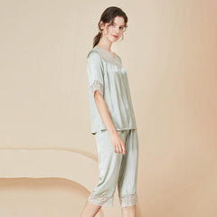 Ladies Elegant Silk Pajamas Set Sexy Lace Short Sleeves Silk Sleepwear - avasilk