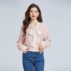 Chic Womens Silk Blouse Long Sleeves Silk Shirts Pure Color Bow Elegant Silk Top - avasilk