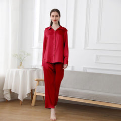 Womens 100% Pure Silk Pyjamas Set Long Sleeves Solid Color Silk Sleepwear - avasilk