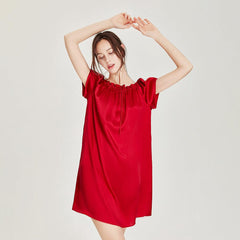 Comfortable and Simple Womens Silk Nightgown 100% Mulberry Silk Short Sleeves Sleepwear Round Pleated Collar Nightdress - avasilk