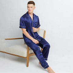 Classic Short Sleeves Silk Pajamas Set for Men 100% Mulberry Silk Nightwear Sleepwear - avasilk