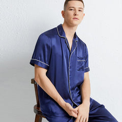 Classic Short Sleeves Silk Pajamas Set for Men 100% Mulberry Silk Nightwear Sleepwear - avasilk