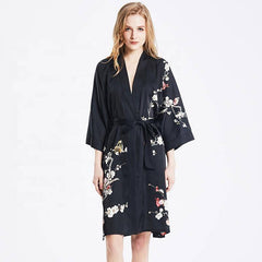 19 MM Pure Silk Kimono Robe Short Silk kimono Robe Cherry blossom Printed Silk Sleepwear - avasilk