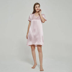 Simple Leisure Womens Silk Nightgown 100% Mulberry Silk Short Sleeves Night Dress Sleepwear - avasilk