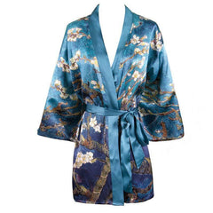 100% Mulberry Silk Kimono Robe Plum Blossom Printing Short Silk Robe - avasilk