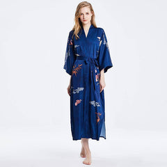 100% Mulberry Silk Kimono Robe Blue Floral Printed Luxury Silk Robe - avasilk